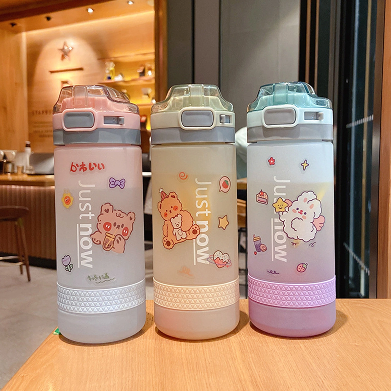 600ml Girls Water Bottle Foldable Straw Large Capacity Sticker Gradient Color Portable Students Water Bottle Cup School Supplies