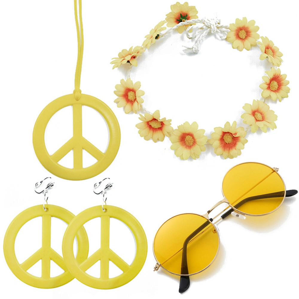 Hippie Costume Set Includes Peace Sign Necklace and Earrings, Floral Crown and Sunglasses 70s Party Accessories