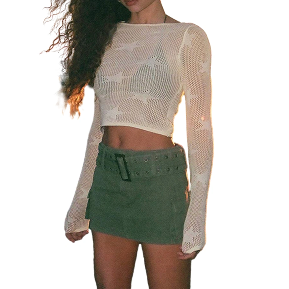 Women Knitted Long Sleeve Tops Star Pattern Sheer Pullovers Fitted Crop Backless Shirt for Streetwear Clubwear