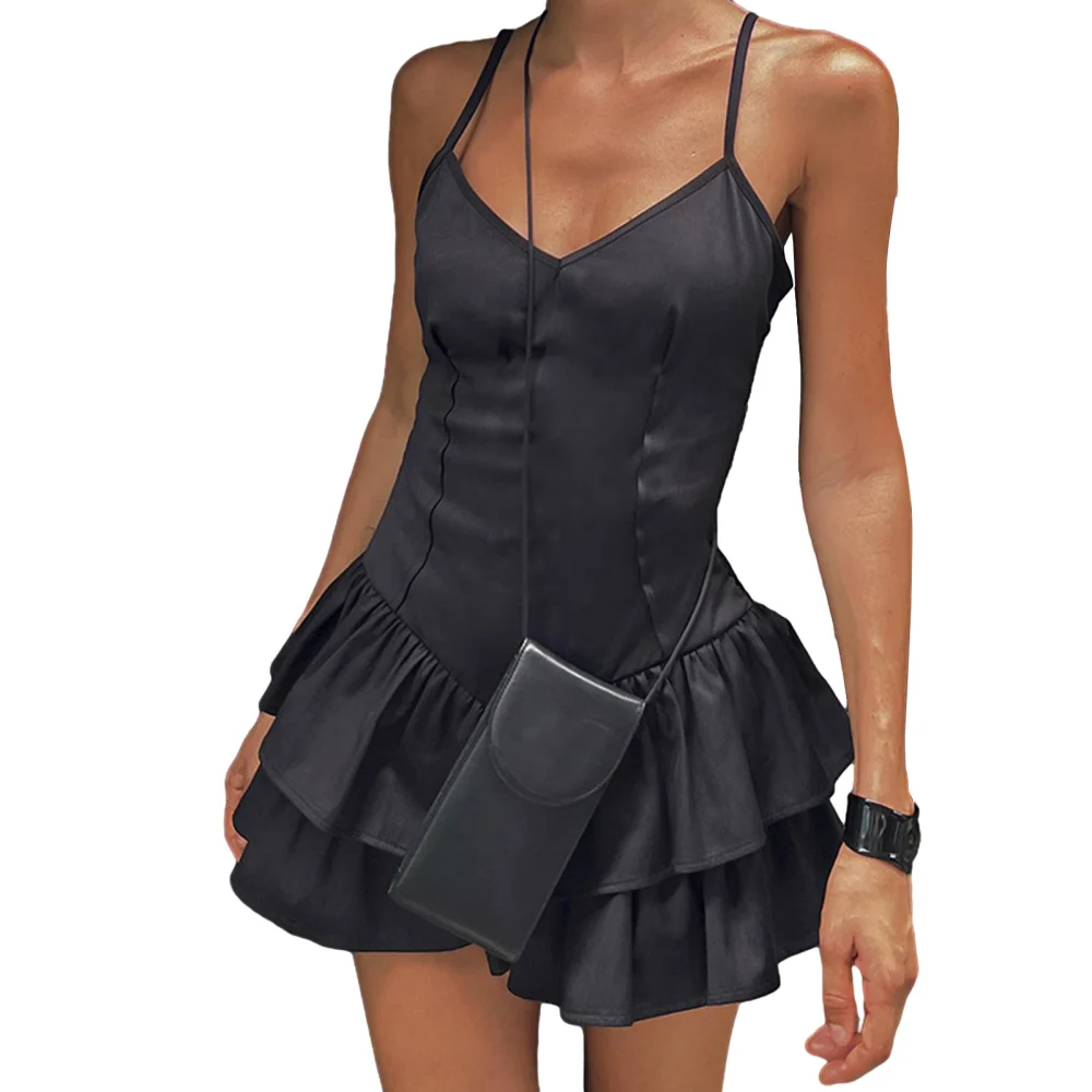 Women's Summer Short Cami Dress Black Deep V Neck Tiered Ruffle Hem Spaghetti Strap Dress