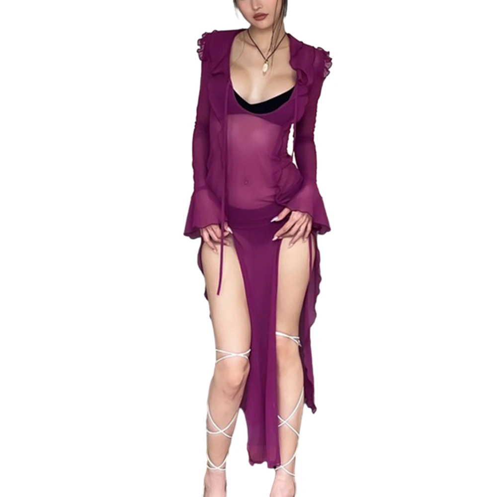 Women Long Dress, Long Sleeve Low-cut Slit Dress See-through Cocktail Dress for Party Bar