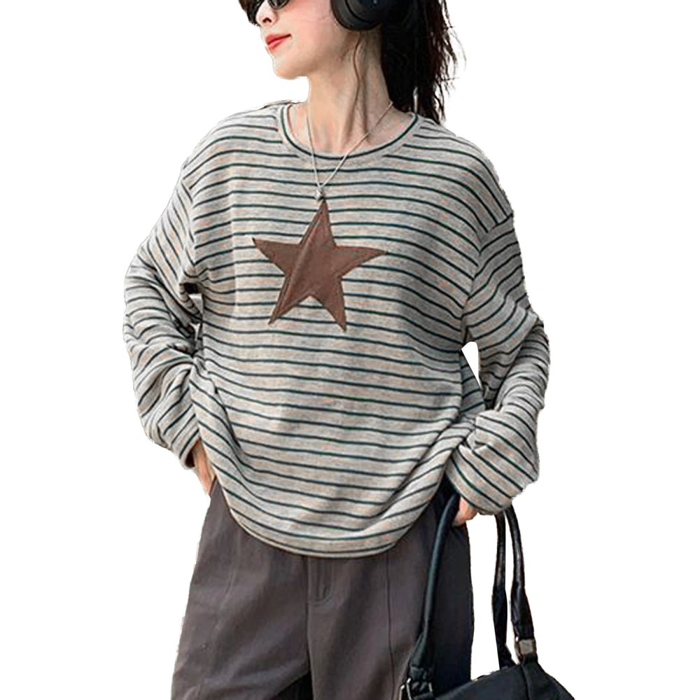 Women's Spring Autumn Casual T-shirts Long Sleeve O Neck Star Print Striped Tops