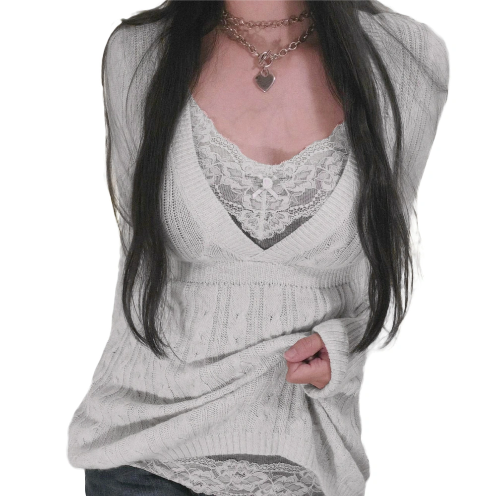 Women Knit T-shirt, Long Sleeve Deep V Neck Solid Fall Ladies Tops