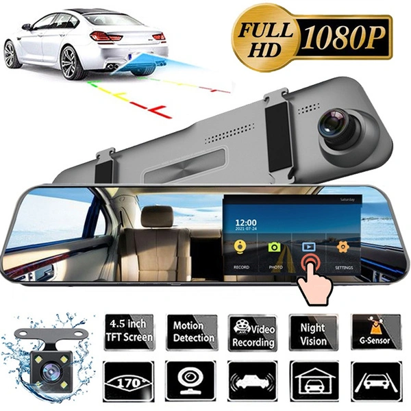 4.5inch Full HD 1080P DVR Car Dash Cam Dash Camera Automobile Dual Lens Video Recorder Rear View Mirror Recorder with Loop Recording Motion Detection Dashboard Camera