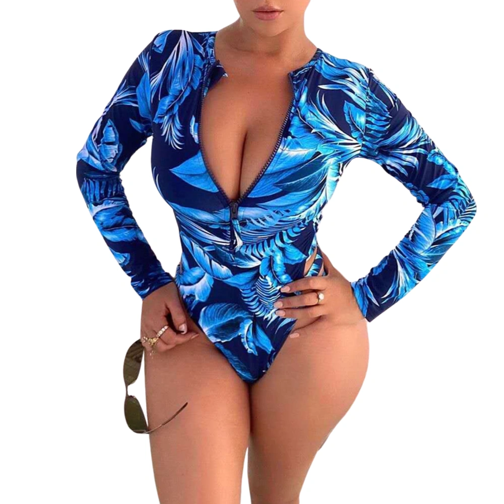 Women’s Sexy One-piece Bikini Fashion Plant Printing Zipper Round Neck Long-sleeved Tight Swimsuit