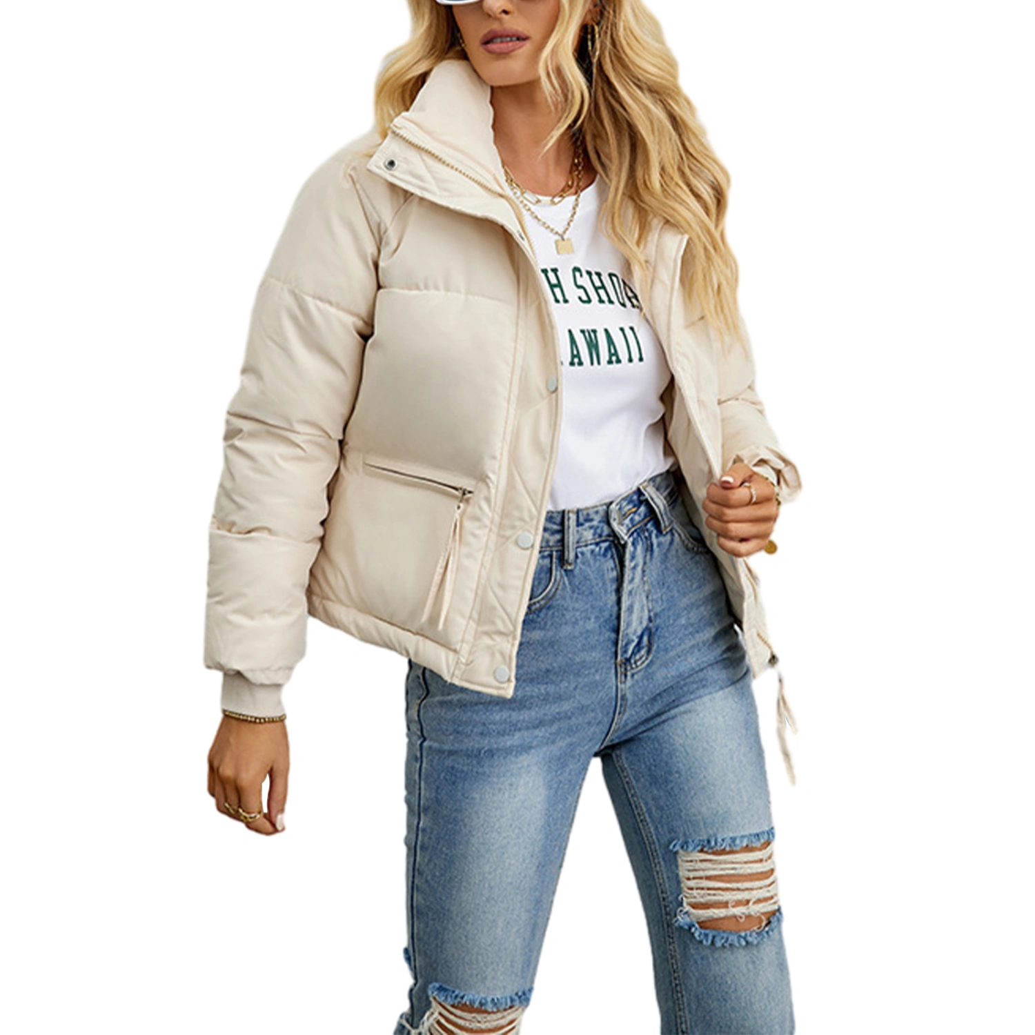 Women's Winter Warm Short Jacket Stand Collar Solid Color Zip Puffer Jacket Baggy Short Padded Down Coats