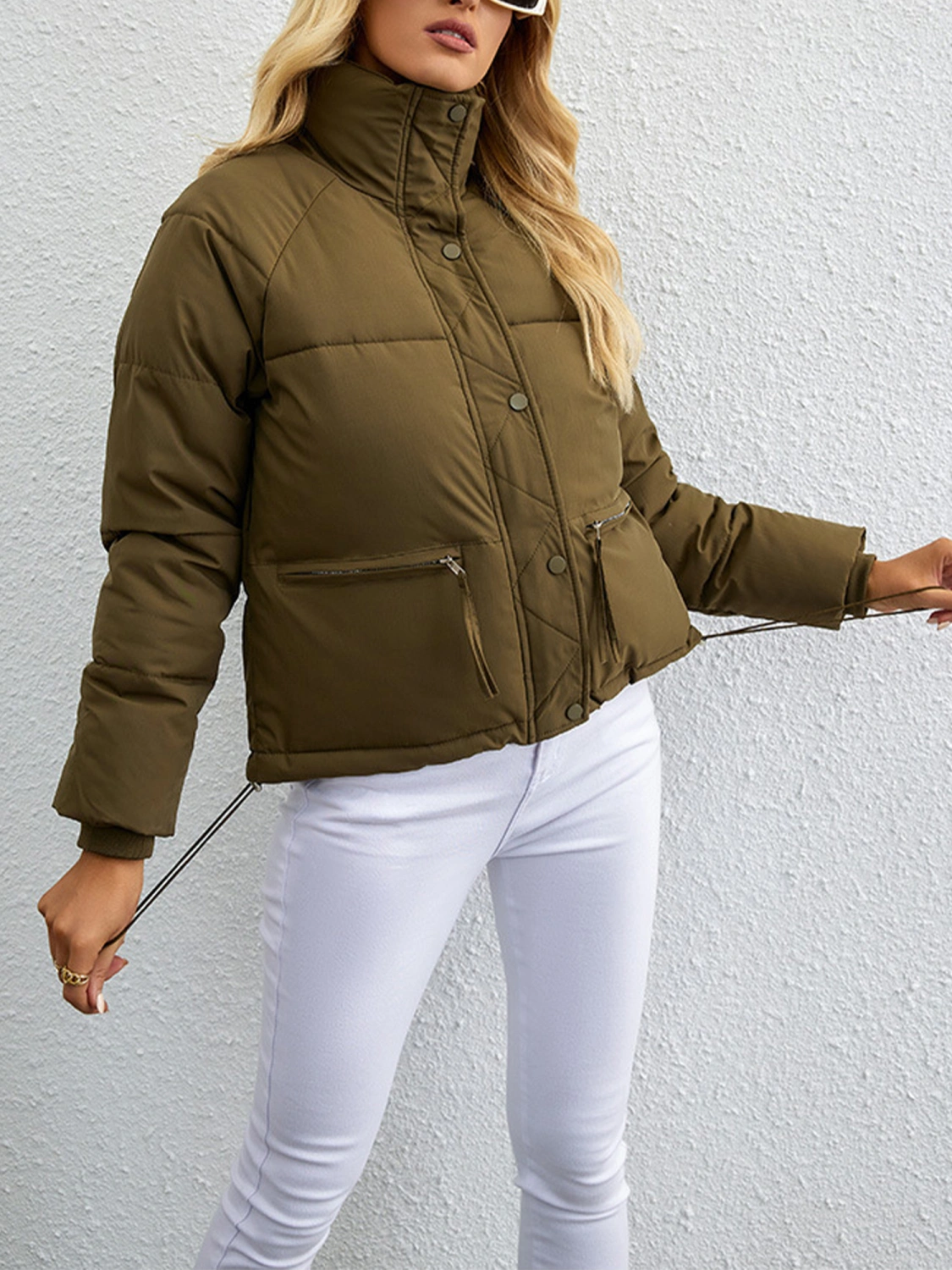 Women's Winter Warm Short Jacket Stand Collar Solid Color Zip Puffer Jacket Baggy Short Padded Down Coats