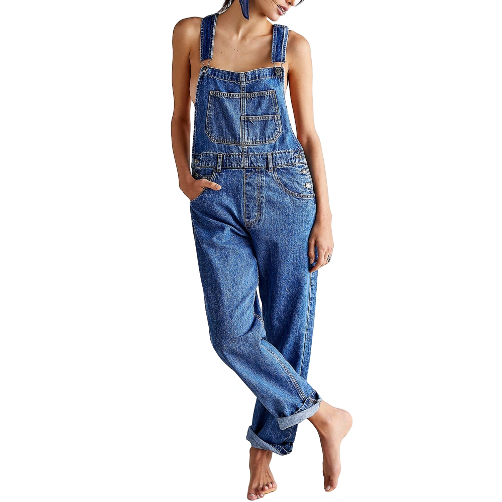 Women Denim Long Jumpsuit Casual Spaghetti Strap Wide Leg Romper Pants Summer Baggy Bib Overalls