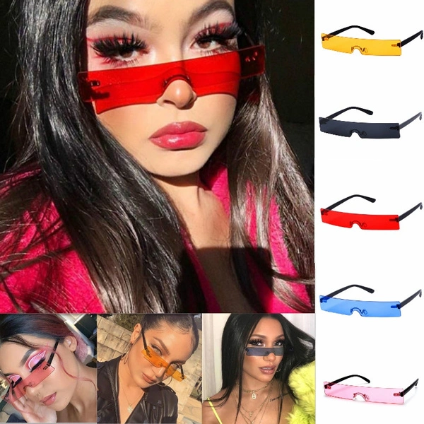 New Women Rectangle Sunglasses Luxury Brand Designer Red Pink Clear Small Lens Personality Sun Glasses Shades UV400