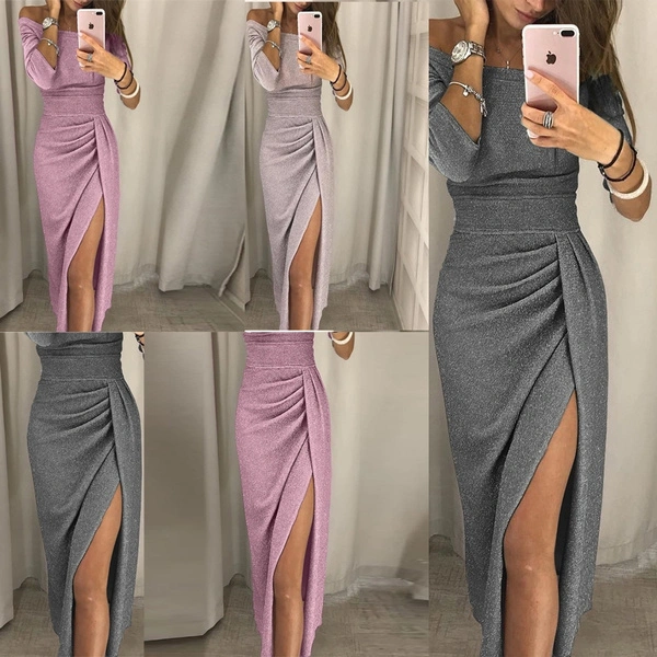 Women Off Shoulder High Slit Bodycon Dress Long Sleeve New Fashion Dress