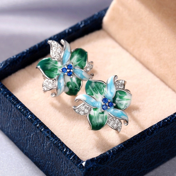 Exquisite 925 Sterling Silver Micro Pave Diamond Blue Enamel Flower Stud Earrings for Women Daily Casual Fashion Accessories