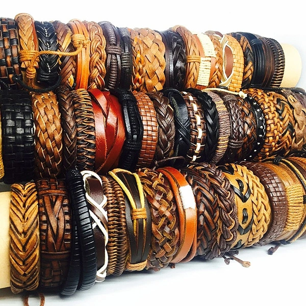 Pack of 10 Mixed Desingn Men's Women's Fashion Handmade Leather Surfer Cuff Bracelets