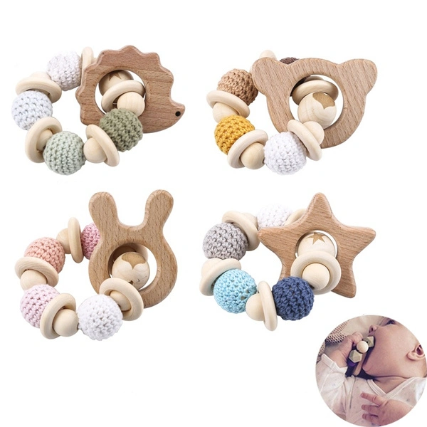 1PC Wooden Teether Hedgehog Crochet Beads Wood Crafts Ring Engraved Bead Baby Teether Wooden Toys for Baby Rattle