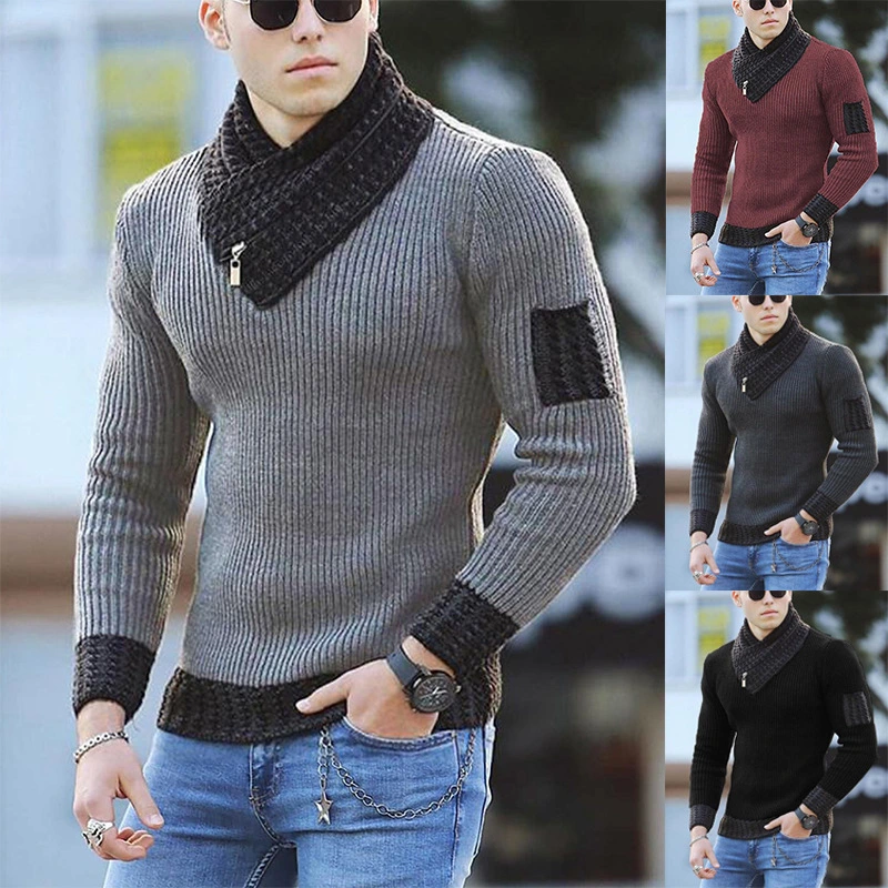 New Men's Casual Slim Knit Sweater Pullover Long Sleeve Scarf Collar Color Block Sweater Men's Autumn and Winter Sweater Pullover