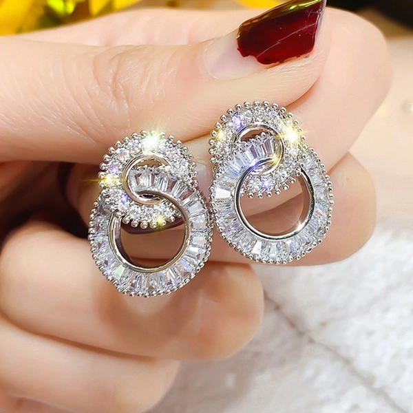 Fashion Women's S925 Standard Silver Inlaid Diamond Double Round Earrings Jewelry