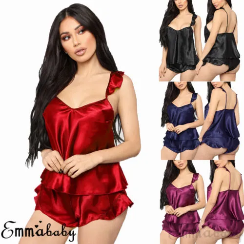 Women Sexy 2PCS Lingerie Set, Loose Solid Color Sling Low Chest Ruffle Top, Short Elastic Band Pants, Summer Sleepwear Set