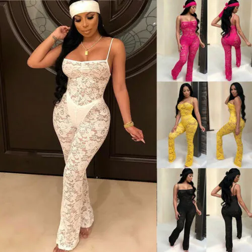 Women Sleeveless Mesh Jumpsuit, Summer Bodycon Party Romper, Sexy Lace Long Trousers