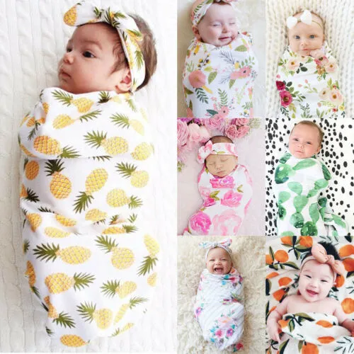 Baby Swaddle Blanket with Bow Headband, Floral/Fruit Pattern Soft Stretchy Sack Perfect for Newborn, Photos, Baby Shower