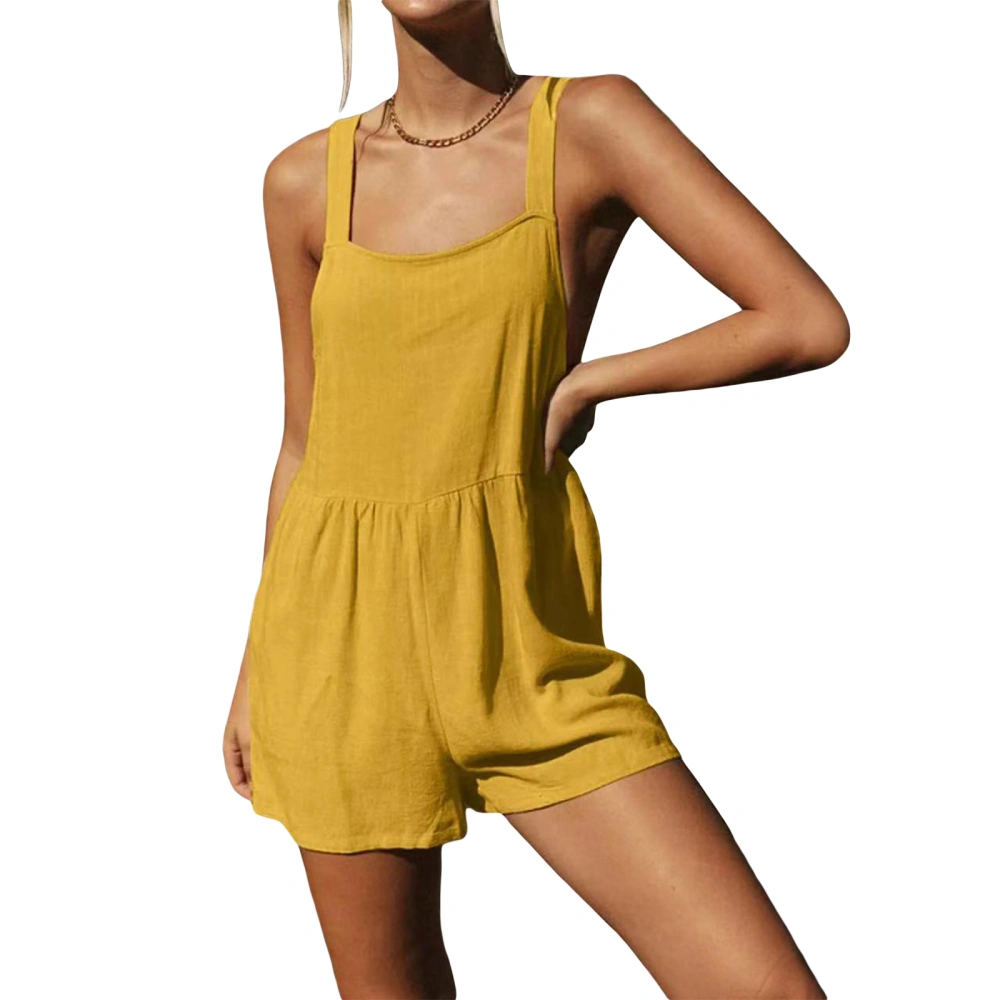 Women Summer Solid Color Playsuits Sleeveless Pockets Cami Jumpsuits Fashion Loose Casual Short Rompers Clubwear