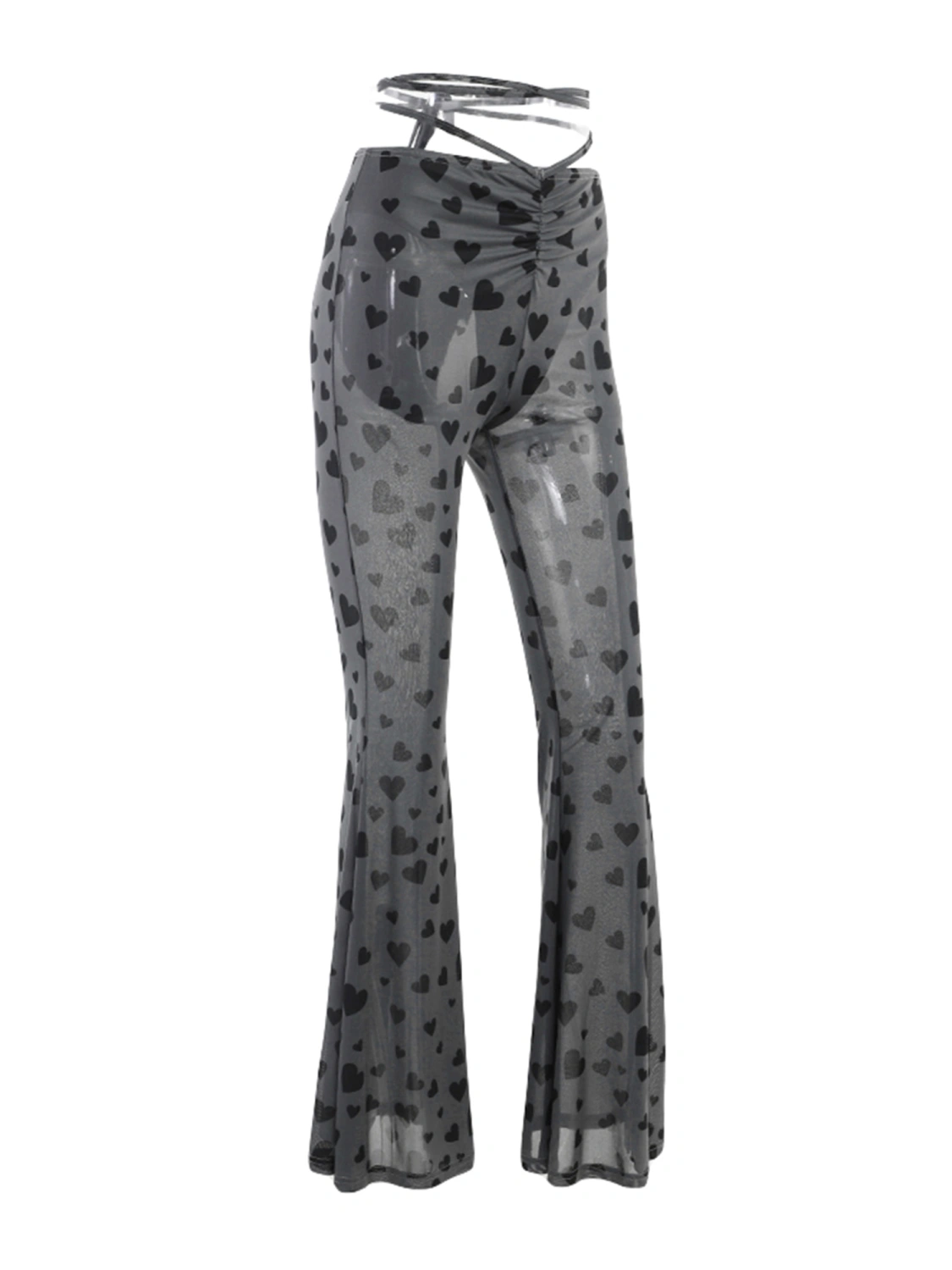Women Elastic Flared Pants Casual Heart Print High Waist Bandage Bootcut Bell Bottom Trousers Streetwear