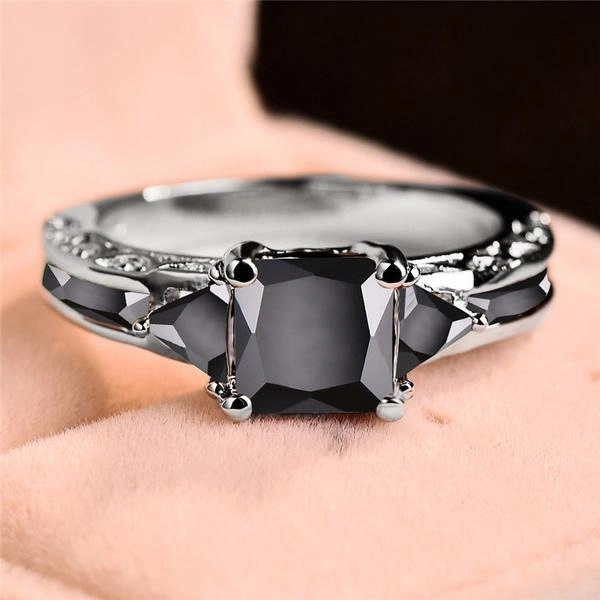 Women's Fashion 925 Silver Plated Princess Cut Black Sapphire CZ Wedding Ring Party Jewelry Gifts Size 5-11 (Choice Color and Size )