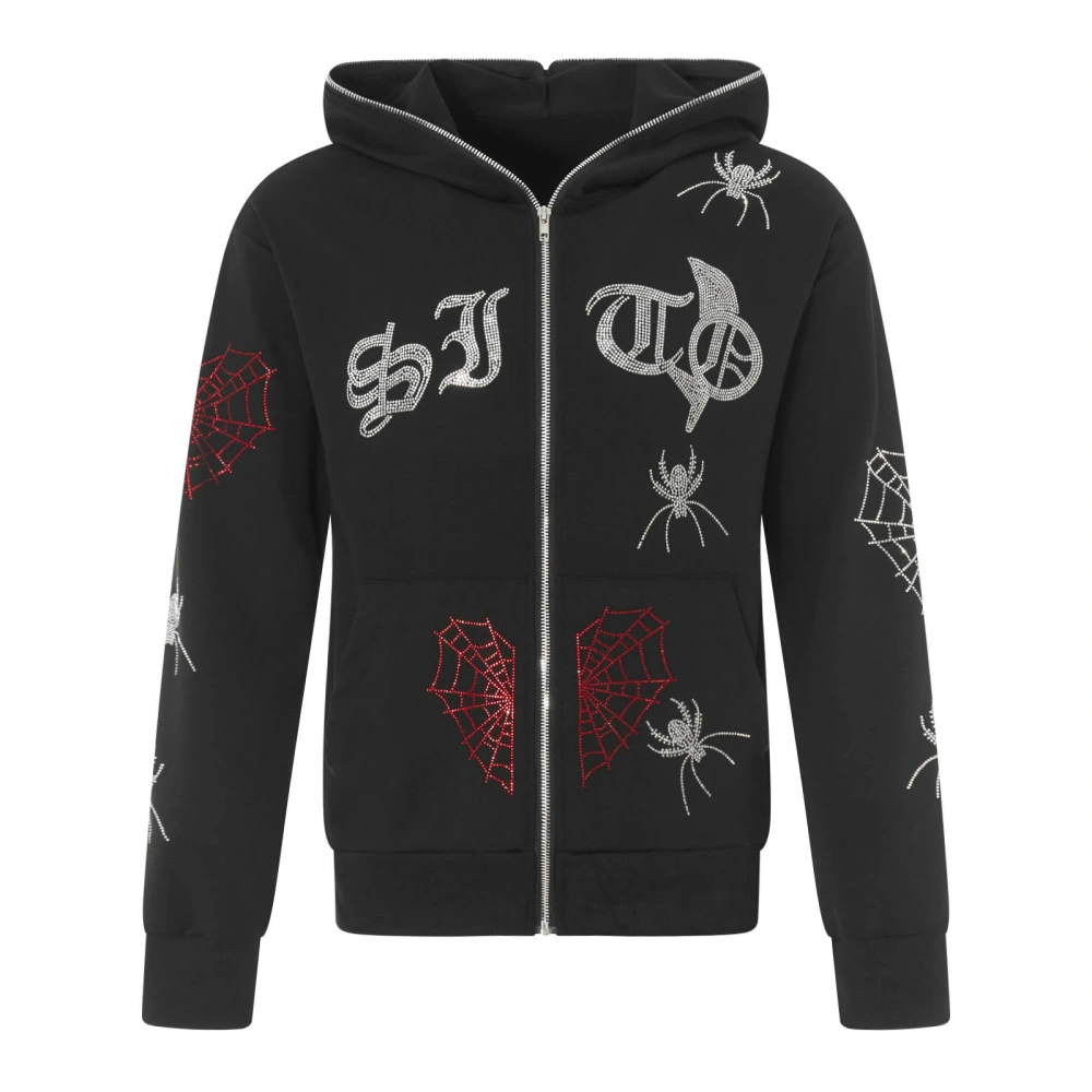 Women's Loose Hoodie Jacket, Long Sleeve Zipper Closure Sweatshirt Rhinestone Spider Pattern Fall Coat