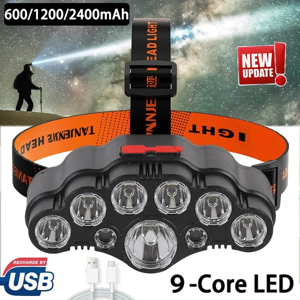 9 LED Headlamp Outdoor ABS Head-mounted 4 Modes Rechargeable Flashlight Fishing Light Built-in Battery Headlight (2400mAh)