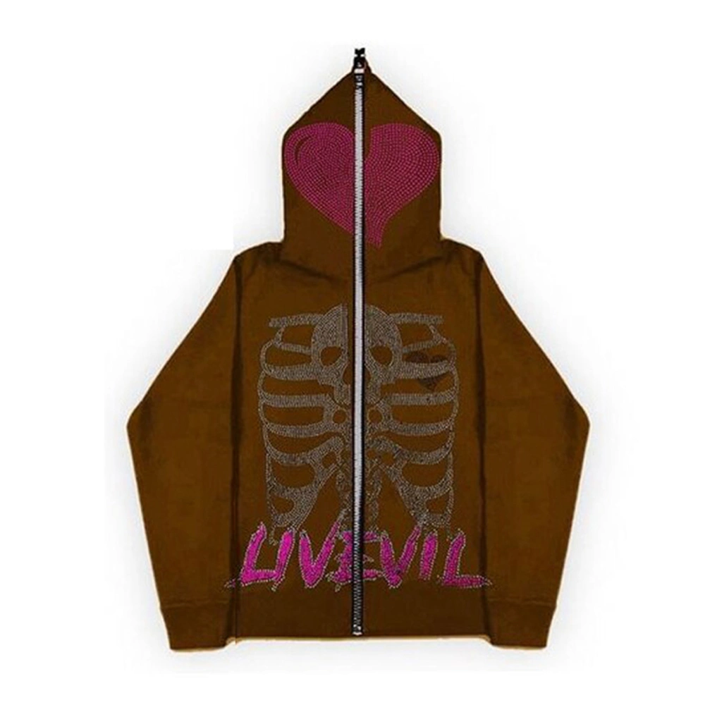 Women's Hooded Sweatshirt Jacket Skull Rhinestone Pattern Full Zip Up Fall Coat Streetwear