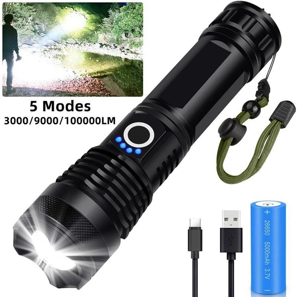 Rechargeable LED Flashlights, High Lumens Flashlight, XHP50 Tactical Flashlight with Zoomable, 5 Modes, Military Grade Waterproof Super Bright Flashlights for Emergencies, Camping, Hiking