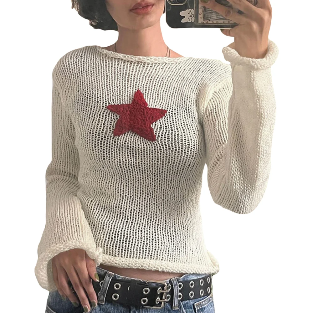 Women Knit T-shirt, Long Sleeve Crew Neck Star Slim Fit Fall Tops for Casual Street