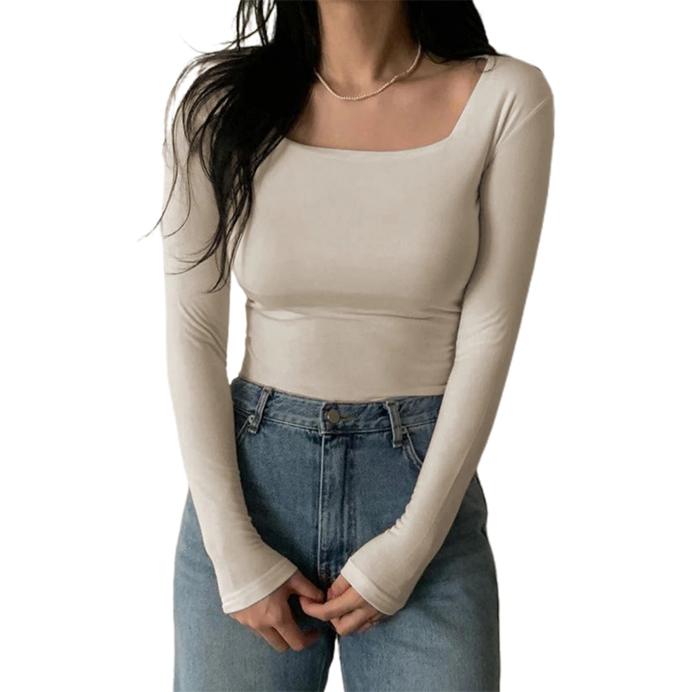 Women's Spring Autumn Slim Crop Tops Solid Color Long Sleeve Square Neck Skinny T-shirt