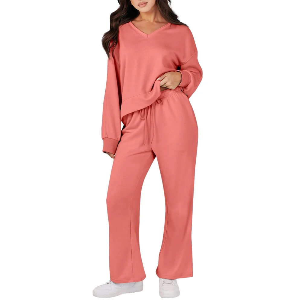 Women Pants Set, Long Sleeve V Neck Sweatshirt and Sweatpants Set Activewear Set