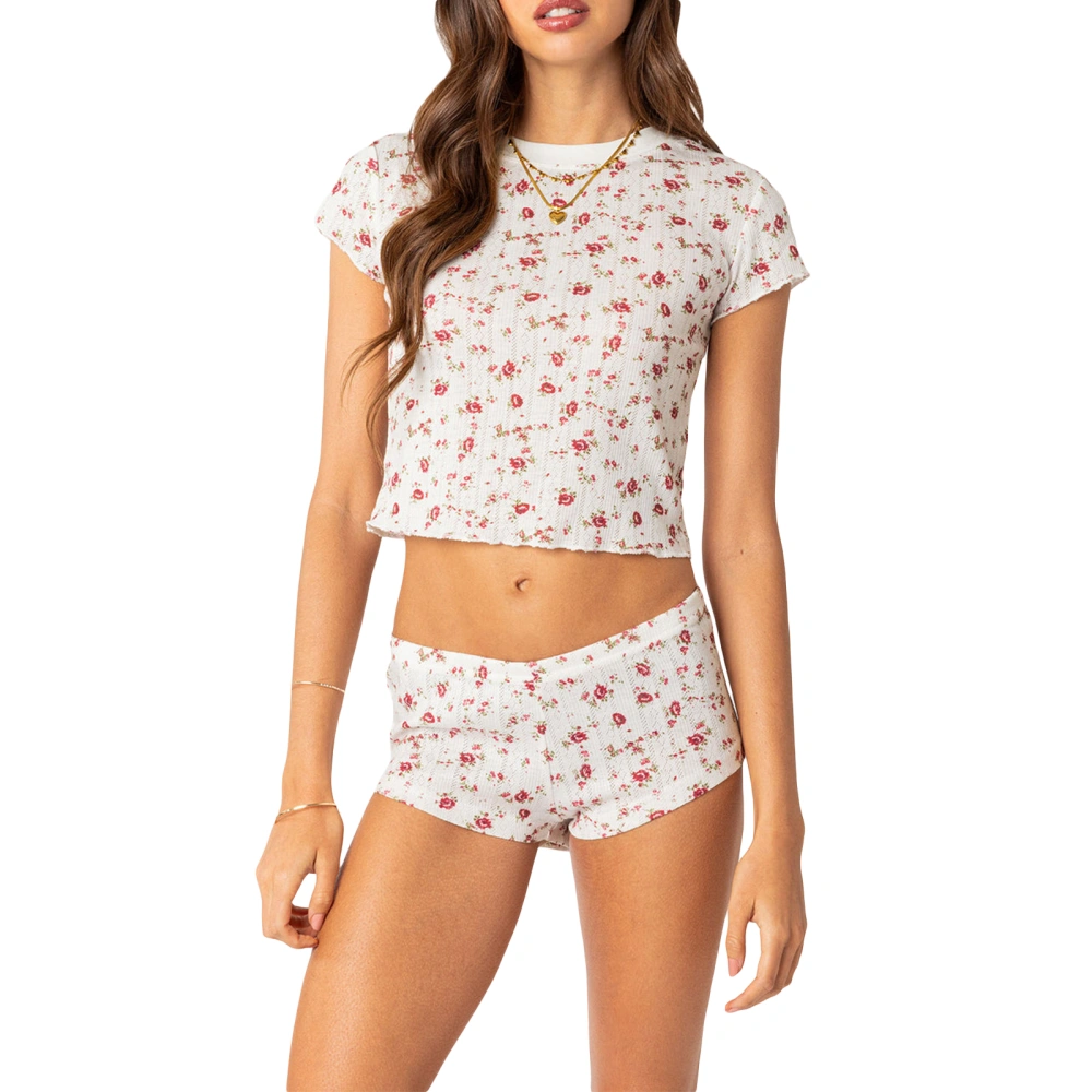 Women's 2 Piece Casual Outfits Short Sleeve Crewneck Crop Tops Floral Skinny Shorts Sets Streetwear