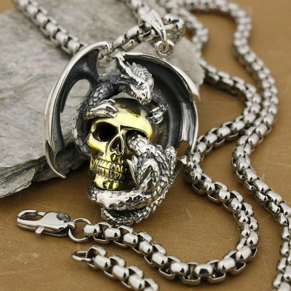 Mens Gothic Huge Heavy Wing Dragon Skull 316L Stainless Steel Mens Pendant Punk Necklace 24 Inch