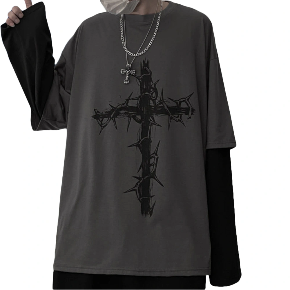 Women Punk Shirt Fairy Grunge Round Neck Long Sleeve Oversized Tops Vintage Cross Print T Shirt