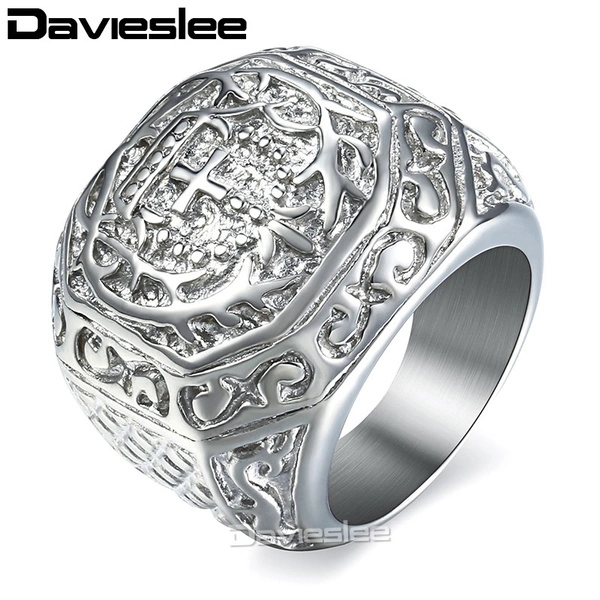 Davieslee Jewelry Elegant Silver Carved Cross Crown Stainless Steel Mens Band Ring