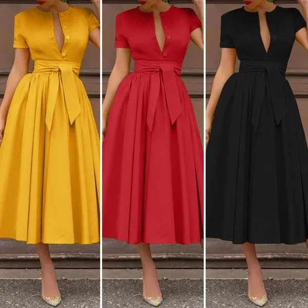 Retro Women Summer Sexy Short Sleeve Long Shirt Dress Party Elegant Big Swing Pleated Maxi Sundress