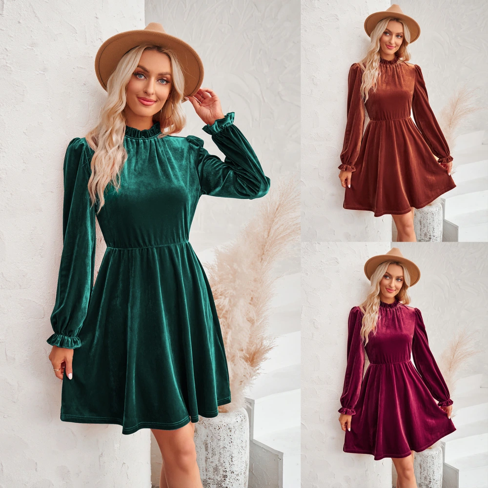 Womens Velvet Long Sleeve High Waist Casual Loose Swing Ruffle A-line Mini Dresses