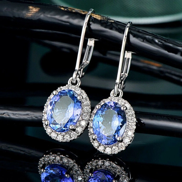 Exquisite 925 Sterling Silver 4 Prong Setting Oval Blue Sapphire Side Micro Inlay Diamond Drop Earring for Women Engagement Wedding Jewelry