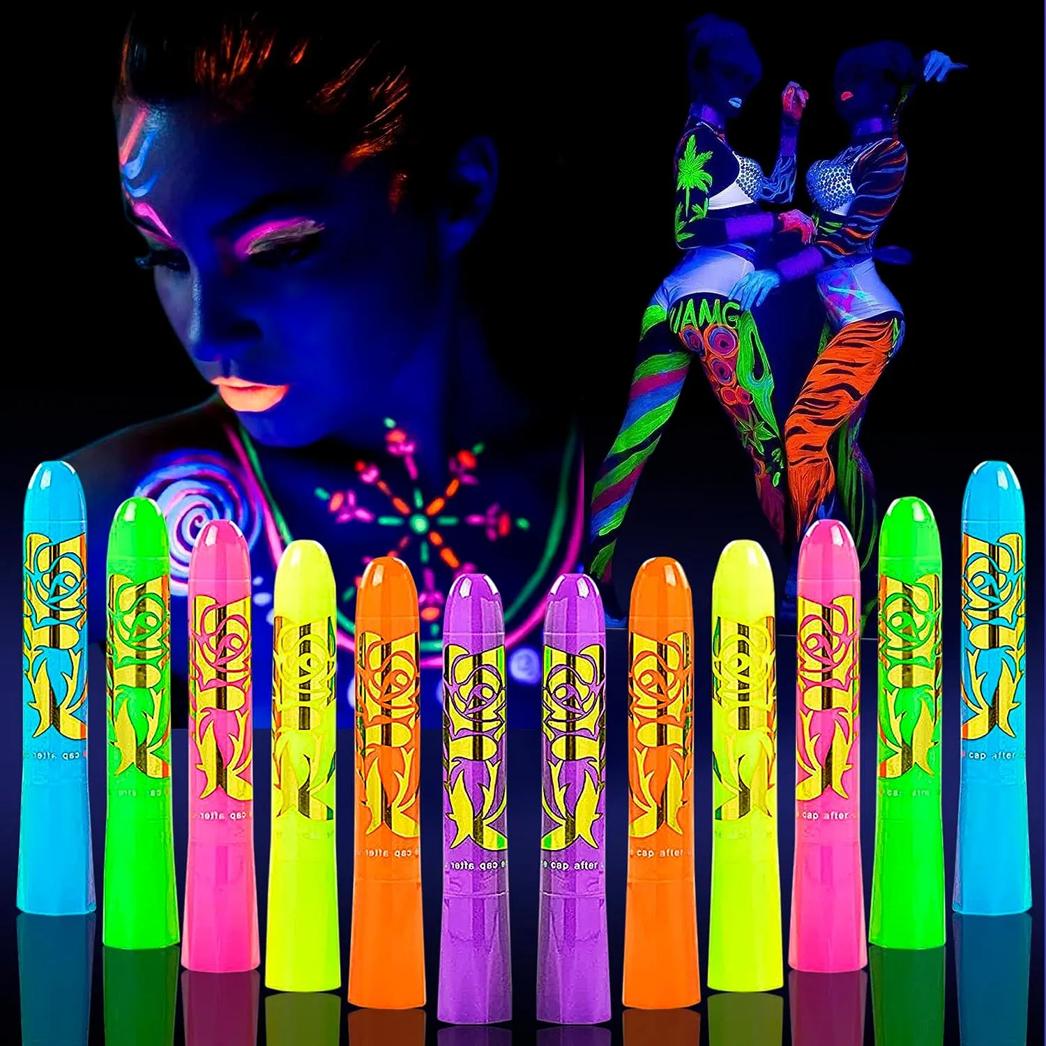 Glow in The Black Light Face & Body Paint, UV Neon Glow Fluorescent Face Paint Crayons for Halloween Club Makeup Xmas Glow Party