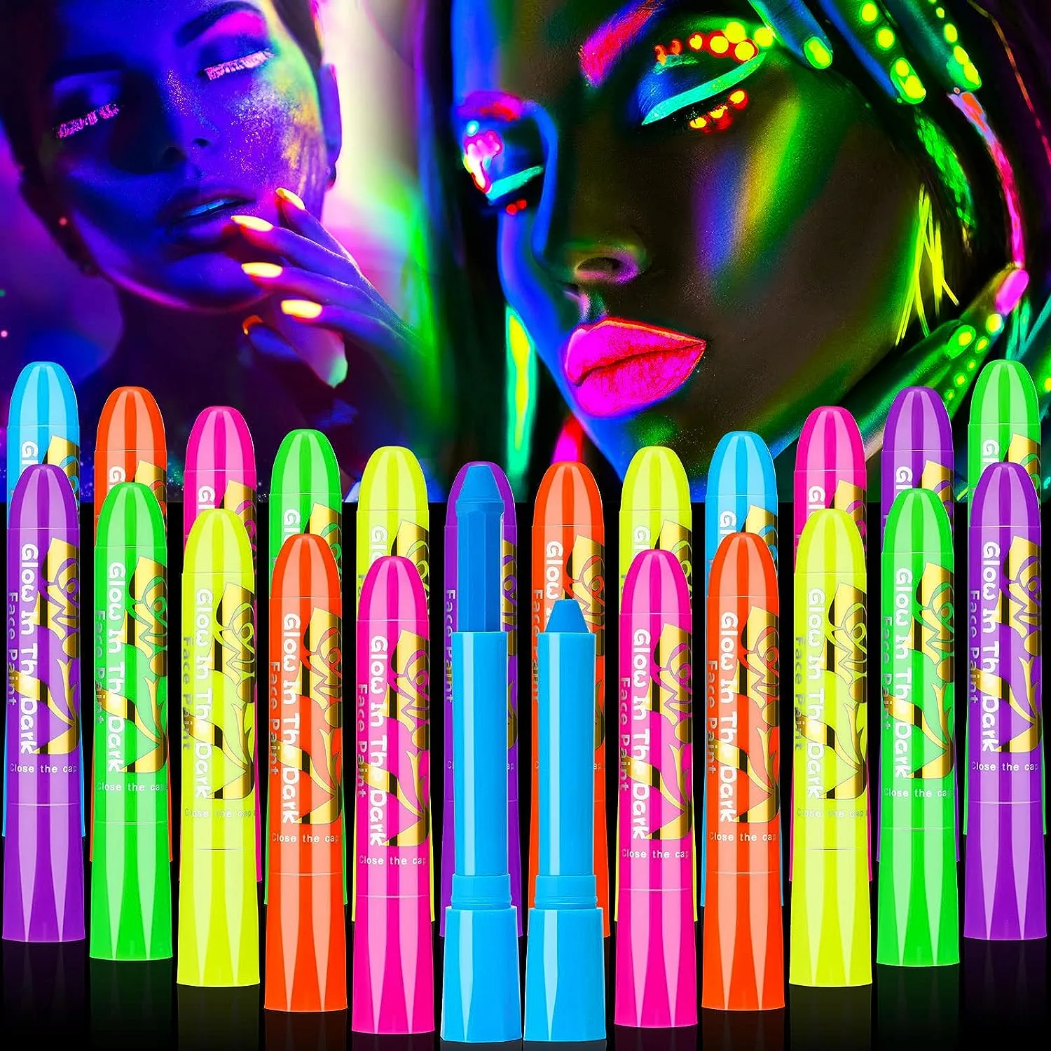 Glow in The Black Light Face & Body Paint, Glow in The Dark Face Body Paint Glow Sticks Makeup Face Painting Kits for Kids Adult, Neon Face Paint Crayons for Halloween and Parties