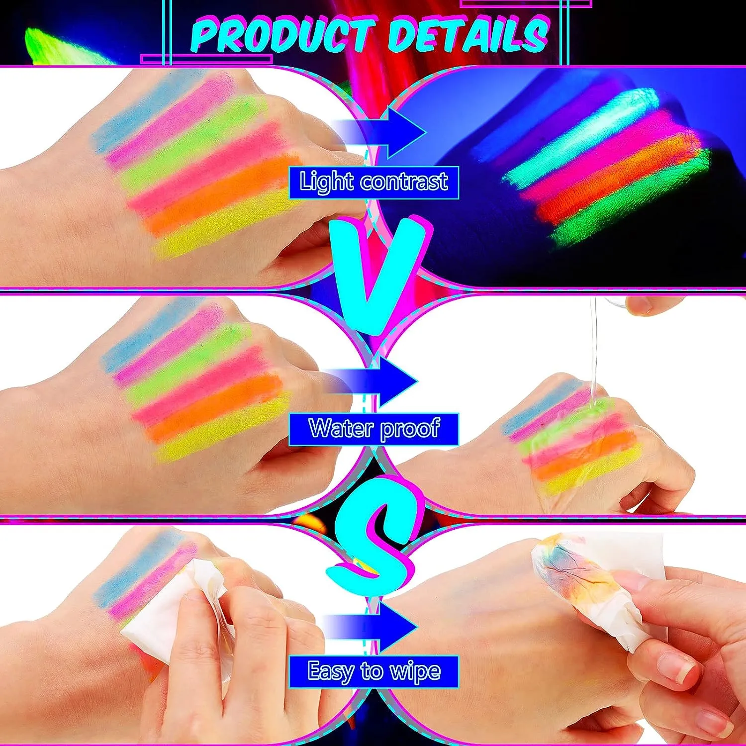 Glow in The Black Light Face & Body Paint, Glow in The Dark Face Body Paint Glow Sticks Makeup Face Painting Kits for Kids Adult, Neon Face Paint Crayons for Halloween and Parties