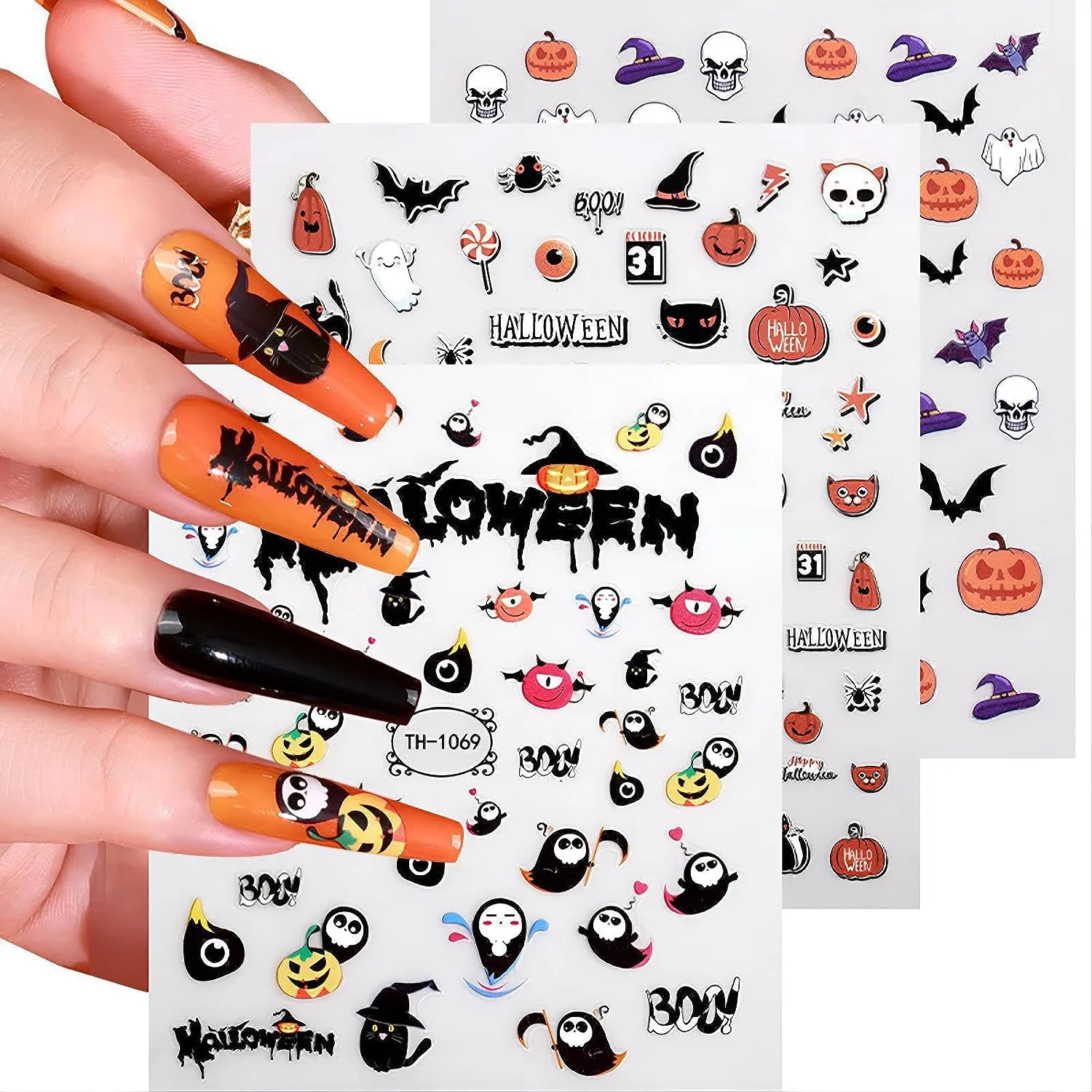 6 Sheets Halloween Eyeball Nail Stickers for Nail Arts,3D Nail Decals Self-Adhesive Nail Art Supplies for Nail Designer,Nail Tattoos for Women Girls,pegatinas with Eyes Skull Flame Patterns