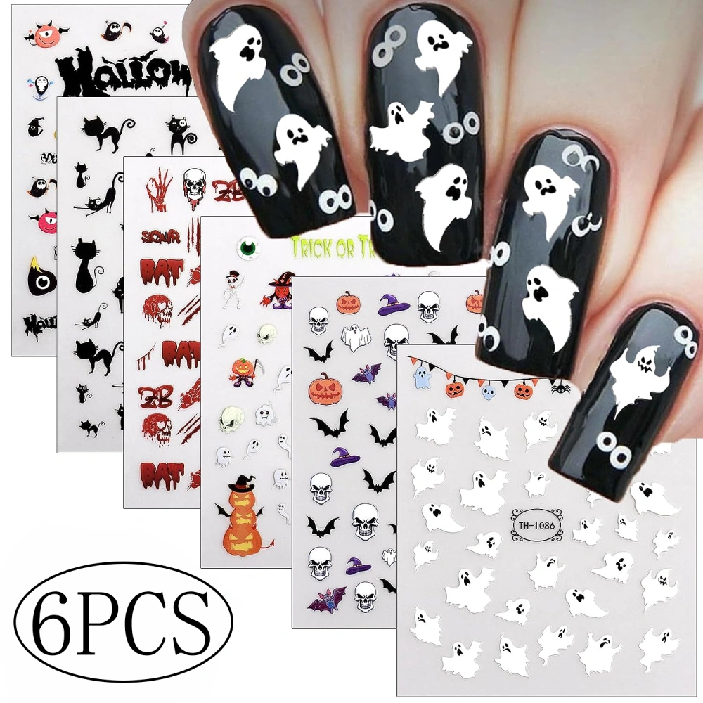 6 Sheets Halloween Eyeball Nail Stickers for Nail Arts,3D Nail Decals Self-Adhesive Nail Art Supplies for Nail Designer,Nail Tattoos for Women Girls,pegatinas with Eyes Skull Flame Patterns