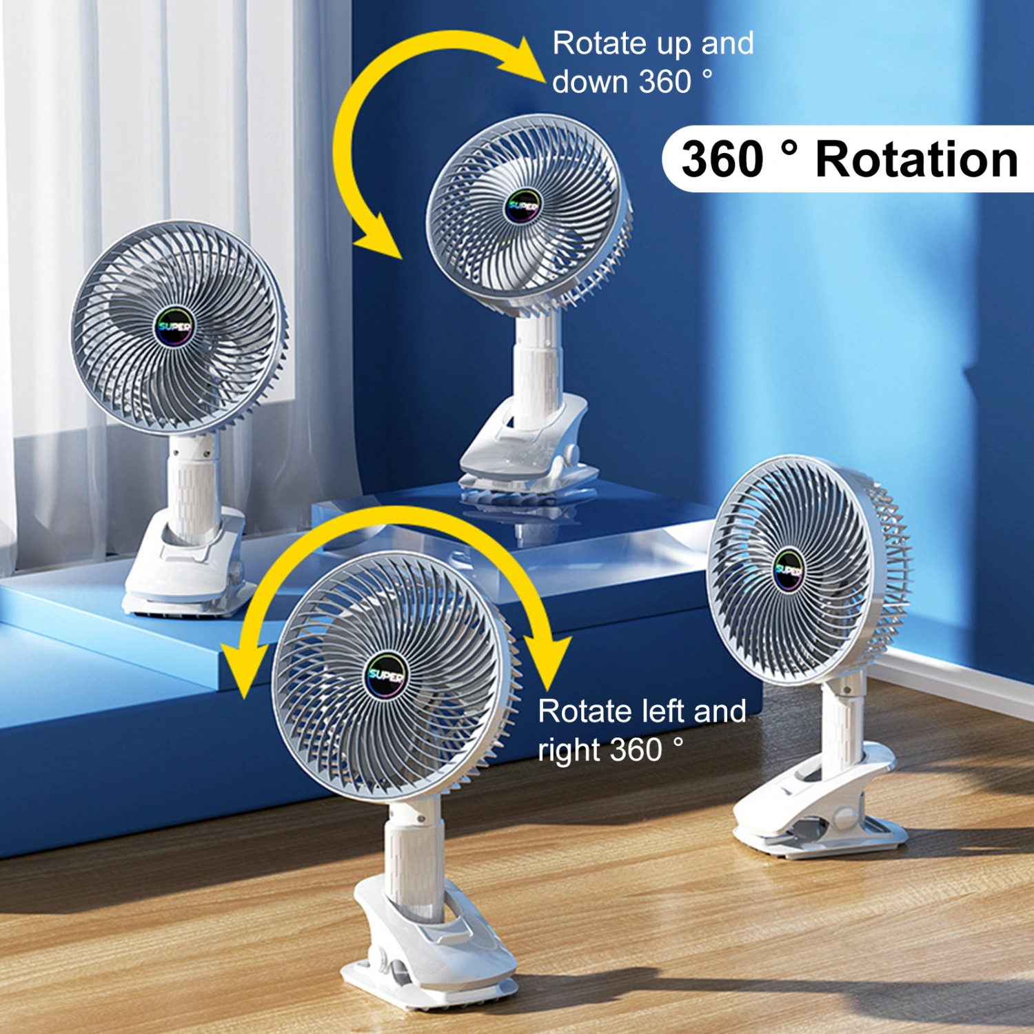 Clip Fan Adjustable 3 Speeds 360 Degree Rotation Desktop Mini Fan Strong Wind Safety Grid Portable Foldable Handheld Fan