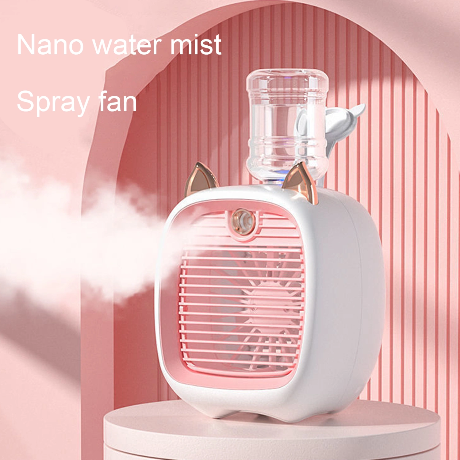 1 Set 1200mAh 3 Speeds Intermittent/Continuous Misting Cute Shape Small Fan Mute Strong Wind USB Rechargeable Desktop Fan for Office