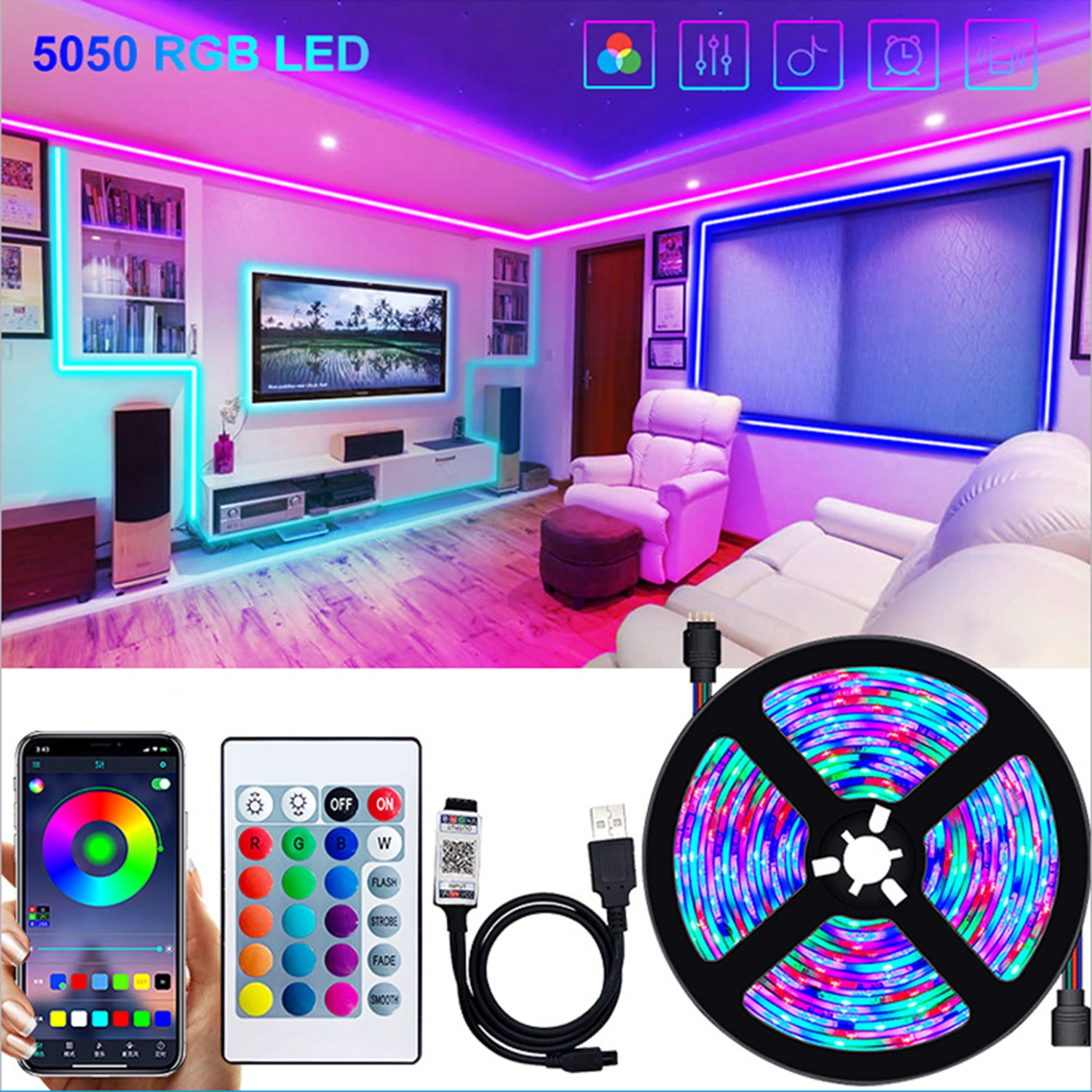 LED Strip Light IP65 Waterproof APP Remote Control High Brightness TV Backlight 5050 RGB DC 5V Bluetooth-compatible USB LED Lamp Tape Ribbon for Home