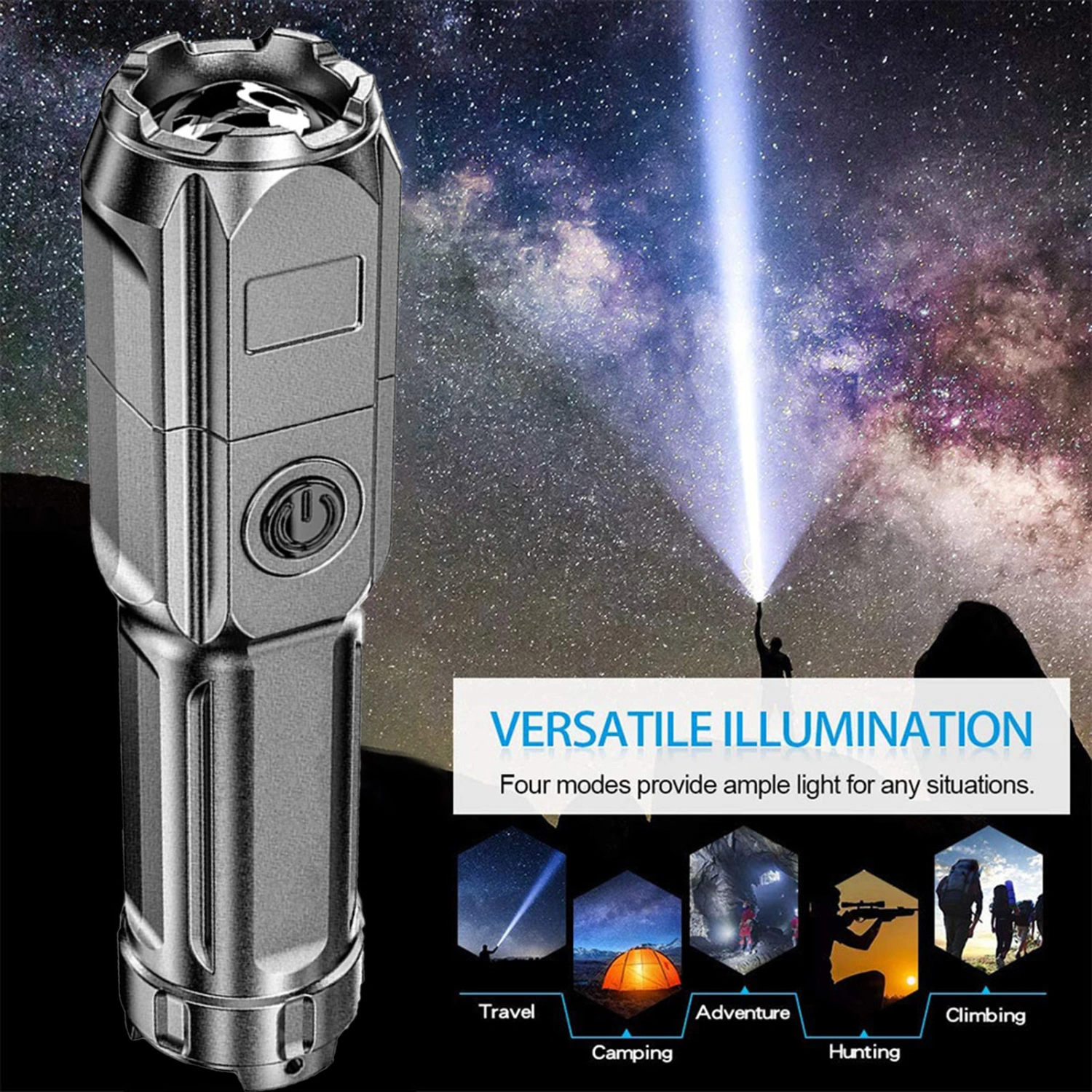 LED Flashlight Waterproof Super Bright Zoomable Long Beam Distance Rechargeable Illumination Lightweight Emergency Flashlight LED Torch Camping Supplies