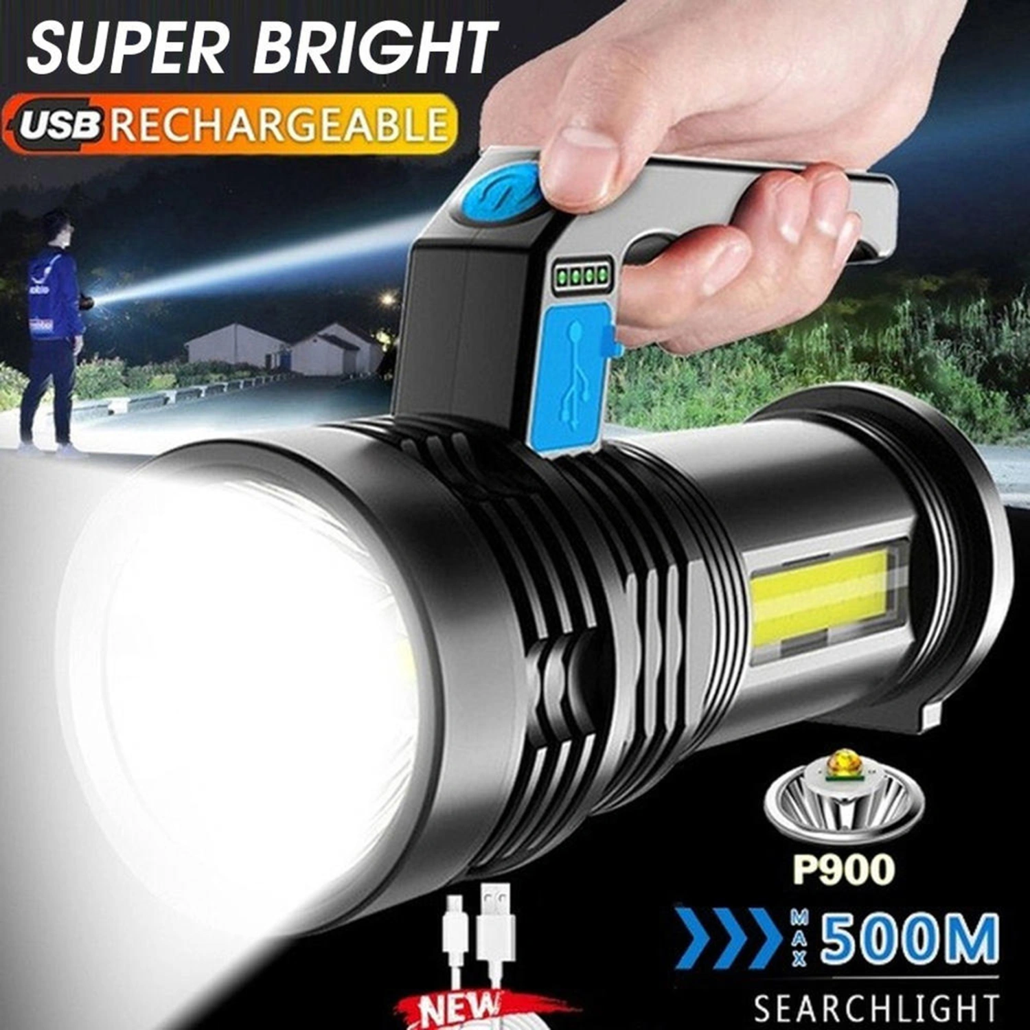 LED Searchlight Rechargeable High Brightness IP44 Waterproof Handy LED Torch Flashlight for Outdoor