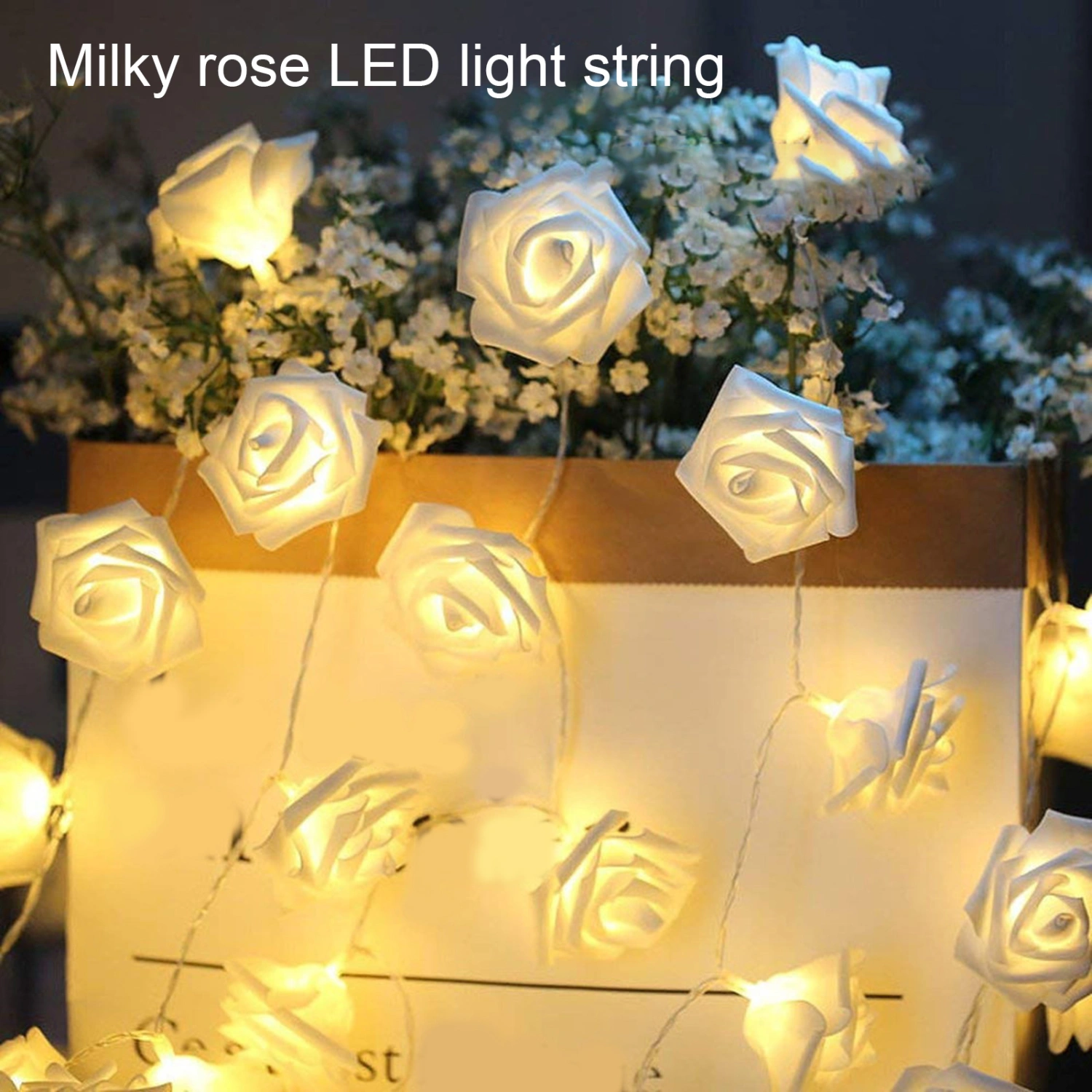 LED White Rose Flower Fairy String Lights with Battery Box Decorative Ambient Lamp for Wedding Party